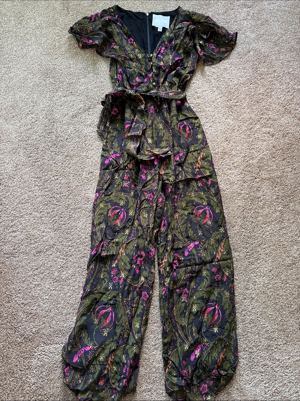 Anthropologie Olive Green and Magenta Printed Ruffle Jumpsuit